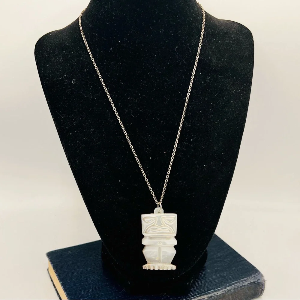 Vintage reversible carved mother of pearl tiki pendant tribal unique 18”